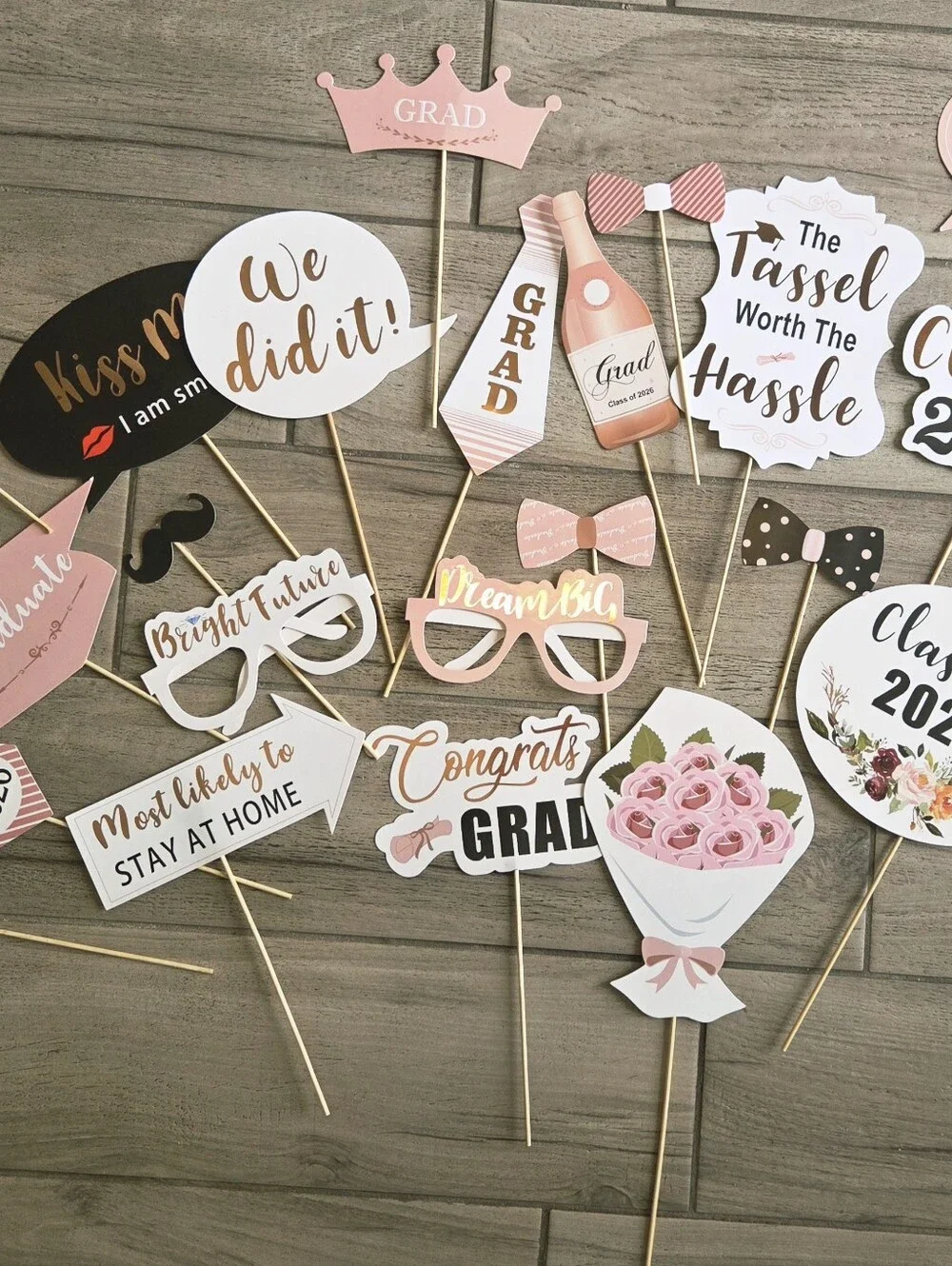 Graduation Photo Booth Props Set - Pink Graduation Party Supplies